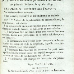 Dcret imprial portant abolition de la traite ngrire sur les territoires franais, 1815 (Bulletin des lois).