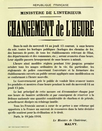 Affiche annonant le premier passage  l'heure d't (+ 1 h) dans la nuit du 14 au 15 juin 1916 (M 1730 (1)