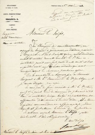 Rapport du sous-prfet de Chalon-sur-Sane au prfet, 1er mai 1852 (M 121)