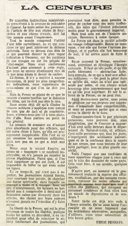 Edito sur la censure paru dans le journal Le Courrier de Sane-et-Loire du 29 septembre 1914 (PR13/110)