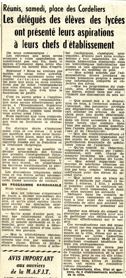 Aspirations des lycens de Mcon, Courrier de Sane-et-Loire du 27 mai 1968 (PR13_365)