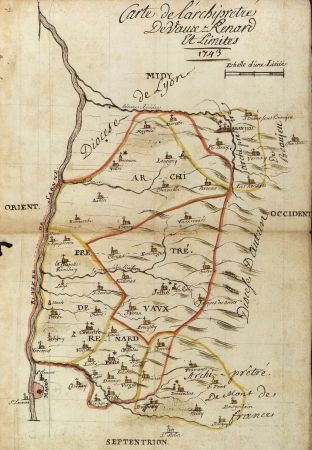 Visites pastorales (carte de l'archiprtr de Vauxrenard et limites, 1743, 4G 1)