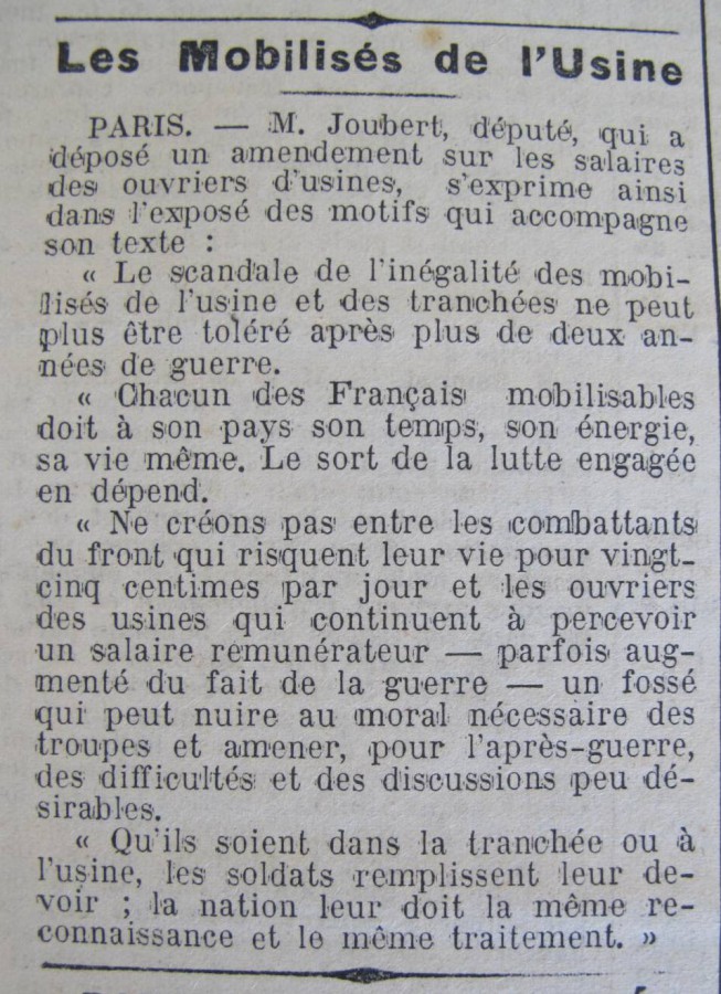 Amendement de M. Joubert, député, Le Progrès de Saône-et-Loire, 15 novembre 1916. ADSL PR 97/79 