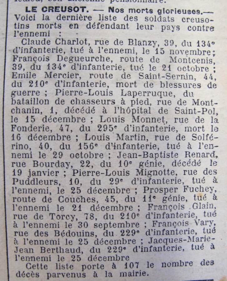 Le Progrès de Saône-et-Loire, 30 janvier  1915. ADSL, PR 97/76