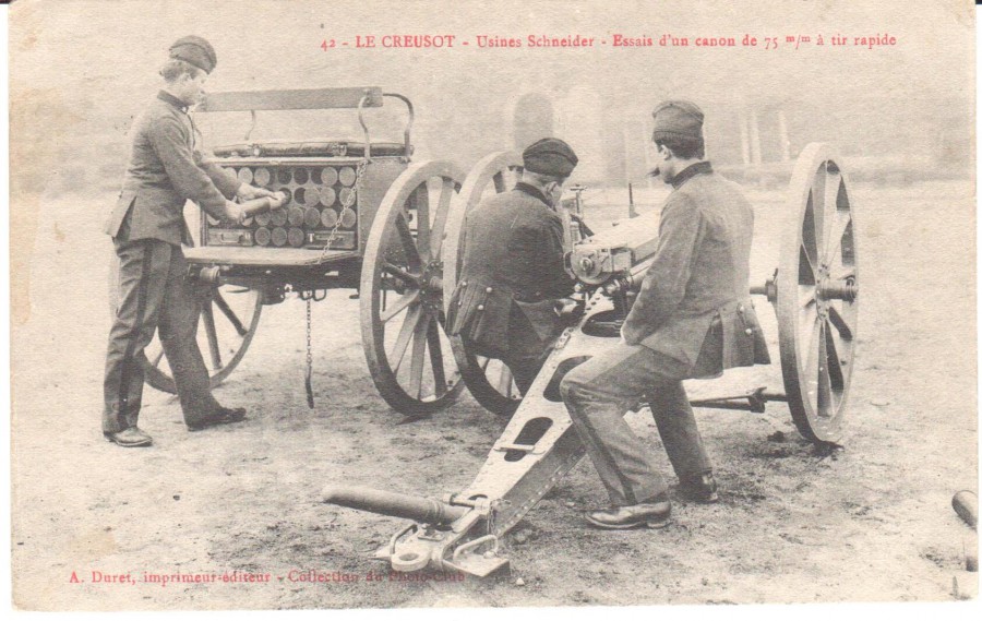 Le Creusot. Essai d’un canon de 75mm/mm à tir rapide. Carte postale en circulation le 31 juillet 1913. Collection privée.