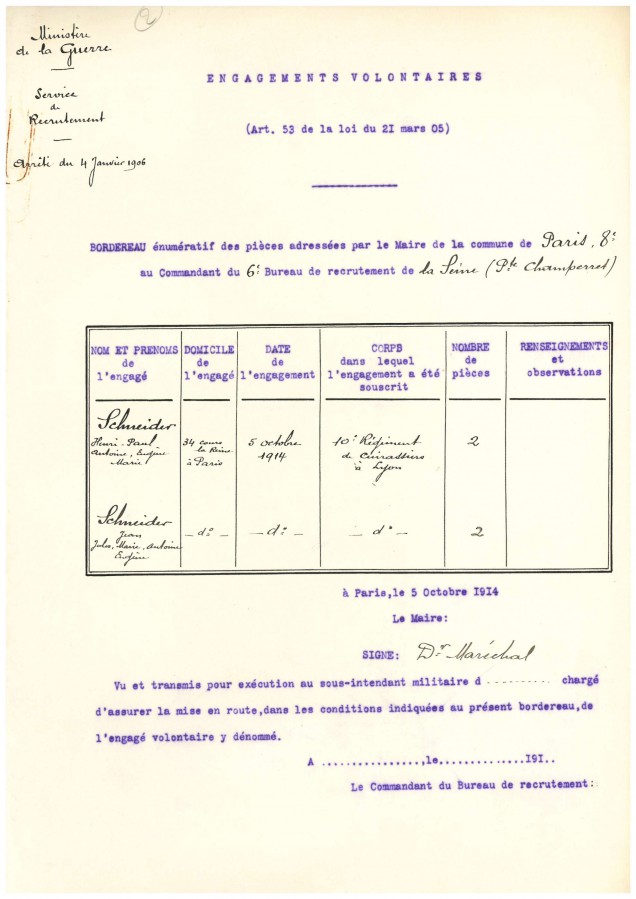 Fiche d’engagement volontaire  de Henri-Paul et Jean Schneider le 5 octobre 1914