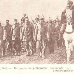 Guerre de 1914. Un convoi de prisonniers allemands sur la route de Nieuport. Louis Rochette à son fils Marcel. Carte en circulation le 1er janvier 1915. Collection Rochette.