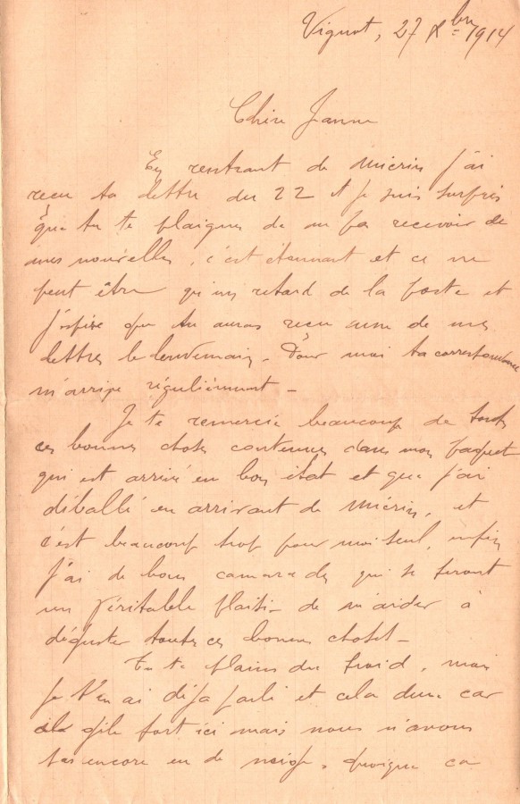 Lettre de Jean Jusot à son épouse Jeanne, 27 décembre 1914. CUCM, dépôt Famille Jusot