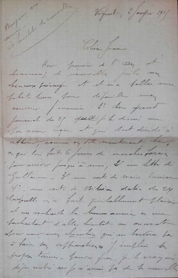 Lettre de Jean Jusot à son épouse Jeanne, 2 janvier 1915, page 1/4. CUCM, dépôt Famille Jusot