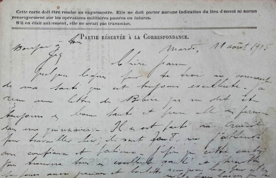 Lettre de Jean Jusot à son épouse Jeanne, 11 août 1915. CUCM, dépôt Famille Jusot