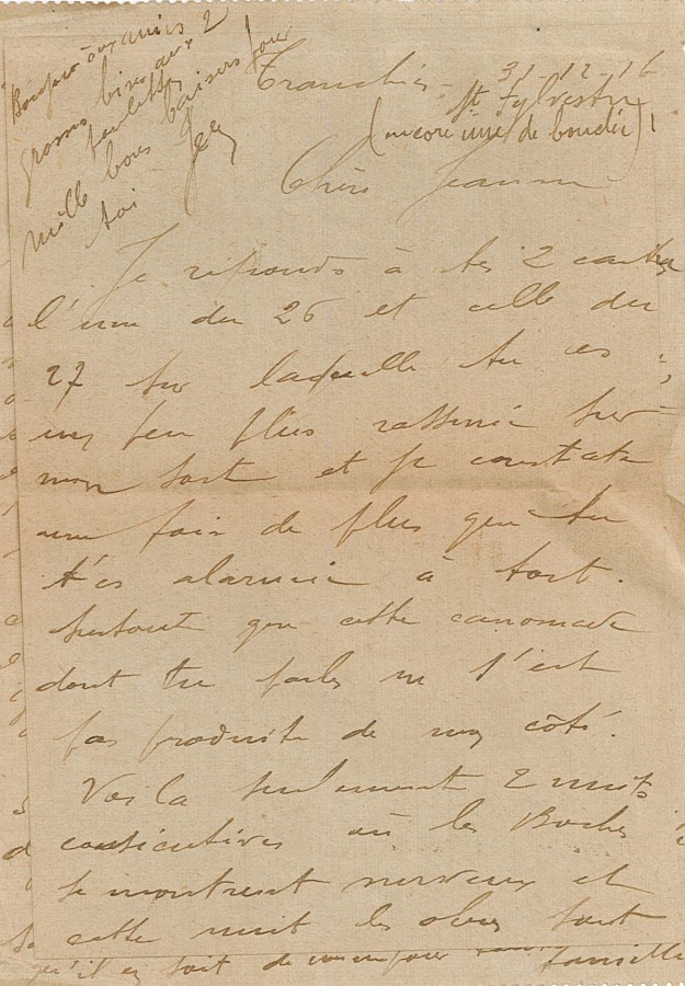 Lettre de Jean Jusot à son épouse Jeanne, 31 décembre 1916, page 1/2. CUCM, dépôt Famille Jusot