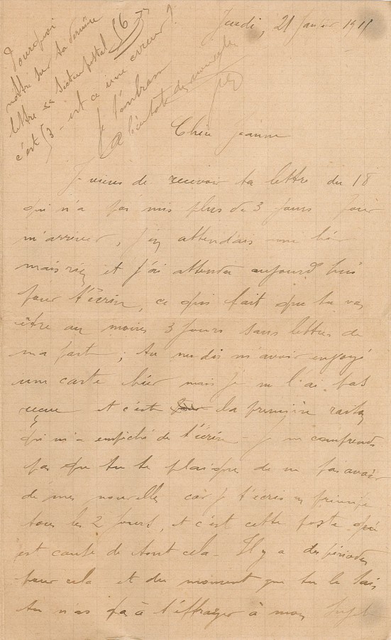 Lettre de Jean Jusot à son épouse Jeanne, 21 janvier 1917, page 1/4. CUCM, dépôt Famille Jusot