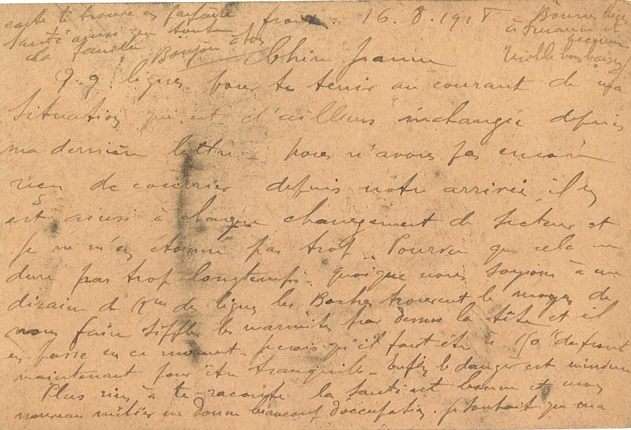 Lettre de Jean Jusot à son épouse Jeanne, 16 août 1918. CUCM, dépôt Famille Jusot