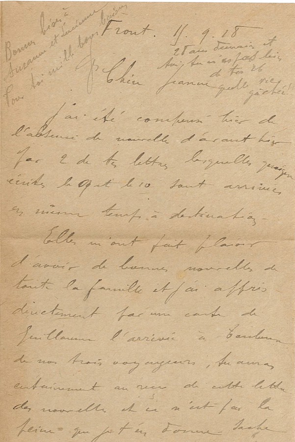 Lettre de Jean Jusot à son épouse Jeanne, 15 septembre 1918, page 1/4. CUCM, dépôt Famille Jusot