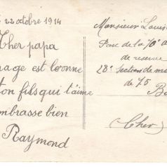 Raymond Rochette à son père, 22 octobre 1914. Collection Rochette