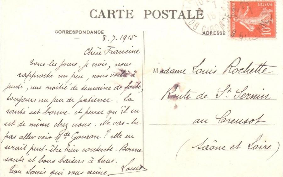 Louis Rochette à Francine, 8 juillet 1915. Collection Rochette