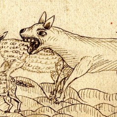 Un loup attaque des moutons, dessin  l'encre sur la couverture d'un cahier de minutes notariales (3 E 30524) 