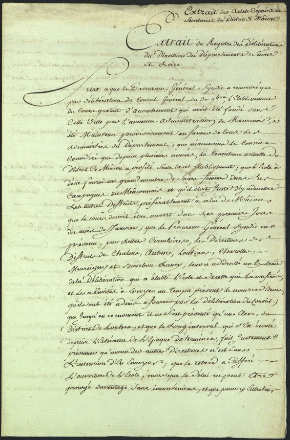 Arrt du Directoire du dpartement de Sane-et-Loire sur l'organisation de cours d'accouchement (2 F 339, 1791) Page 1/2