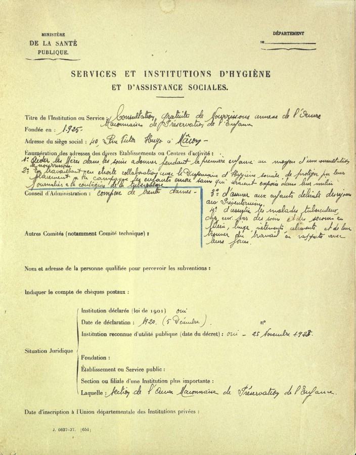 Cration d'un service de consultation gratuite pour les nourrissons (3X 1049, 1923-1927)