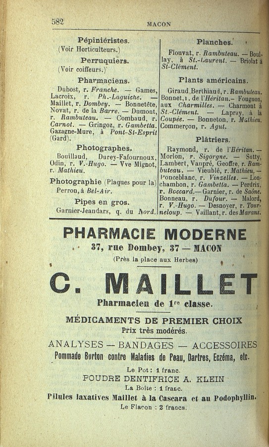 Publicit pour la Pharmacie moderne situe  Mcon (BH ASL, 1903)